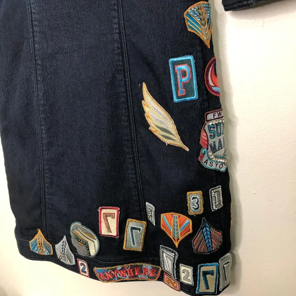 Phillip Lim Denim Jean Dress Moto Zip Detail Allover Custom Patches Beaded 6